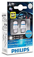 Лампа светодиодная 12В PHILIPS W5W 12V-5W X-treme Vision LED (8000K/55lm/105C) 2шт.